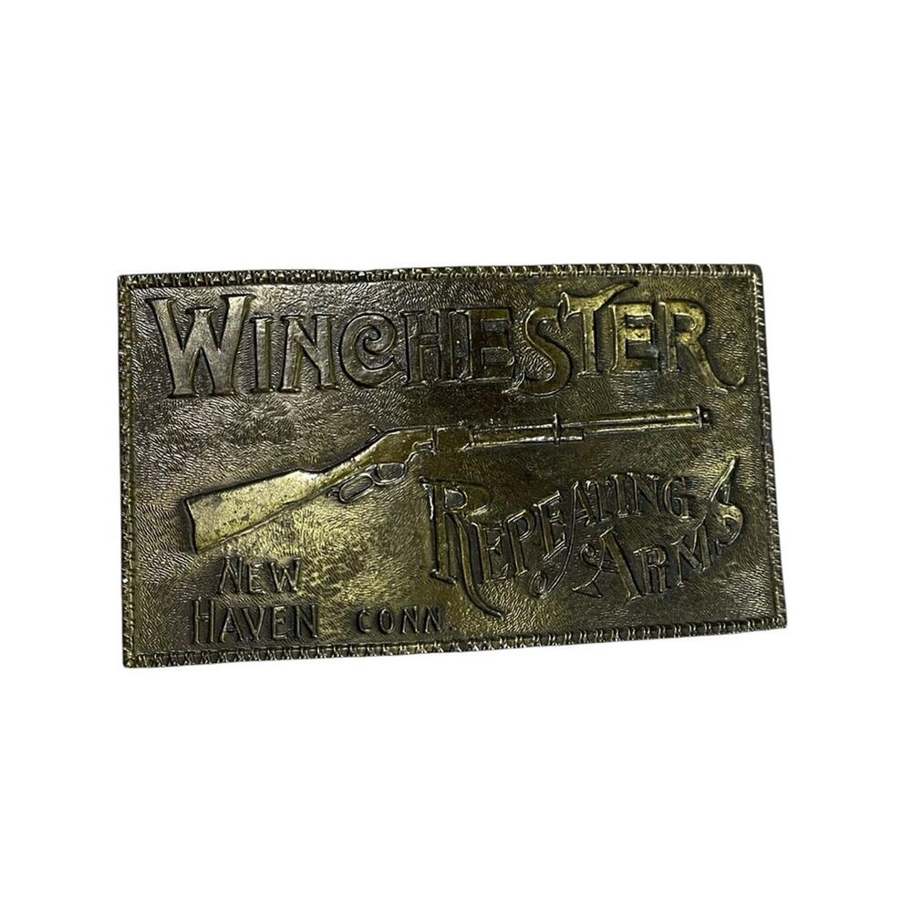 Vintage 90s Winchester Arms Lewis Company Brass Belt Buckle